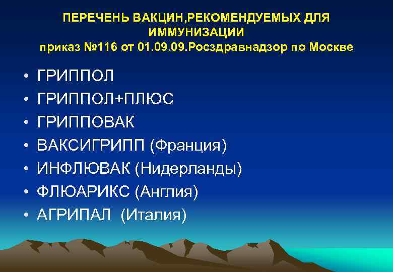 ПЕРЕЧЕНЬ ВАКЦИН, РЕКОМЕНДУЕМЫХ ДЛЯ ИММУНИЗАЦИИ приказ № 116 от 01. 09. Росздравнадзор по Москве