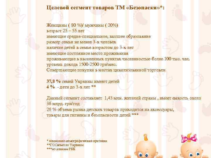 Целевой сегмент товаров ТМ «Безопаски» *: Женщины ( 80 %)/ мужчины ( 20%) возраст