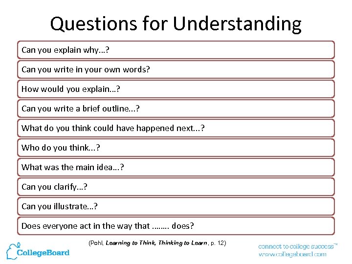 Questions for Understanding Can you explain why…? Can you write in your own words?