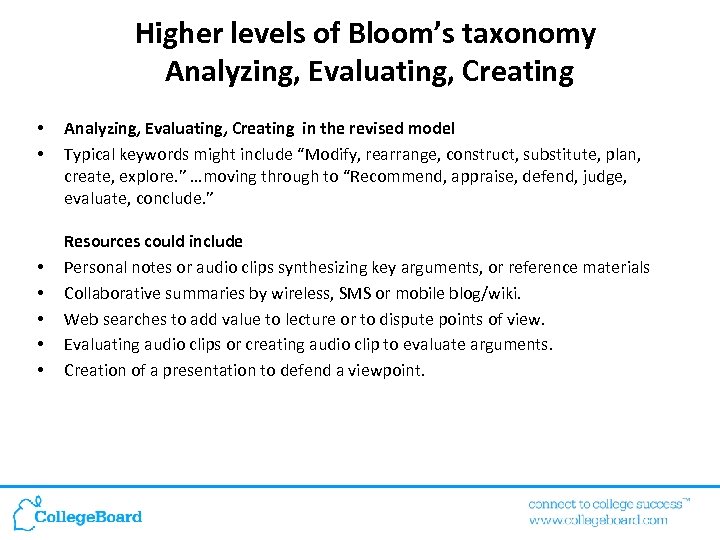 Higher levels of Bloom’s taxonomy Analyzing, Evaluating, Creating • • Analyzing, Evaluating, Creating in