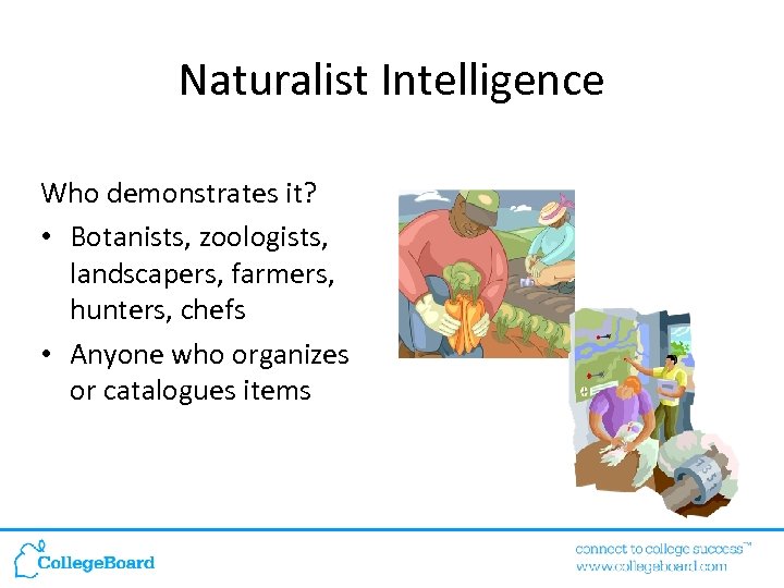 Naturalist Intelligence Who demonstrates it? • Botanists, zoologists, landscapers, farmers, hunters, chefs • Anyone