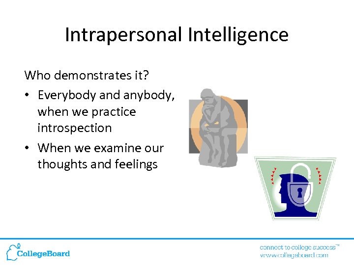 Intrapersonal Intelligence Who demonstrates it? • Everybody and anybody, when we practice introspection •