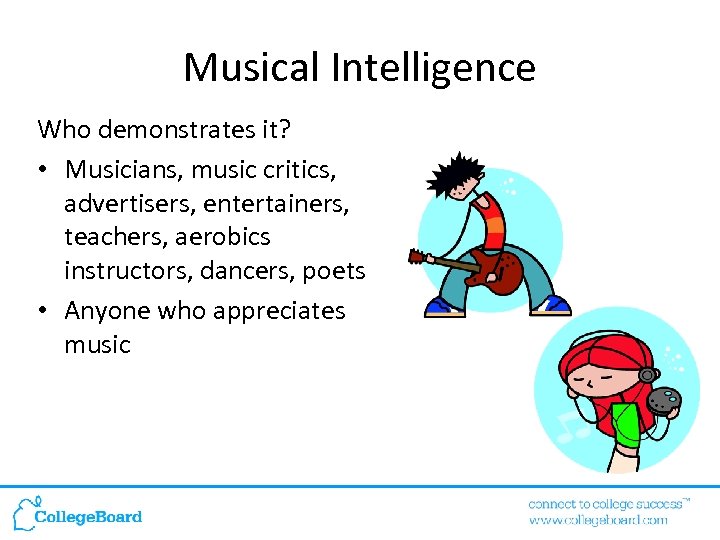 Musical Intelligence Who demonstrates it? • Musicians, music critics, advertisers, entertainers, teachers, aerobics instructors,