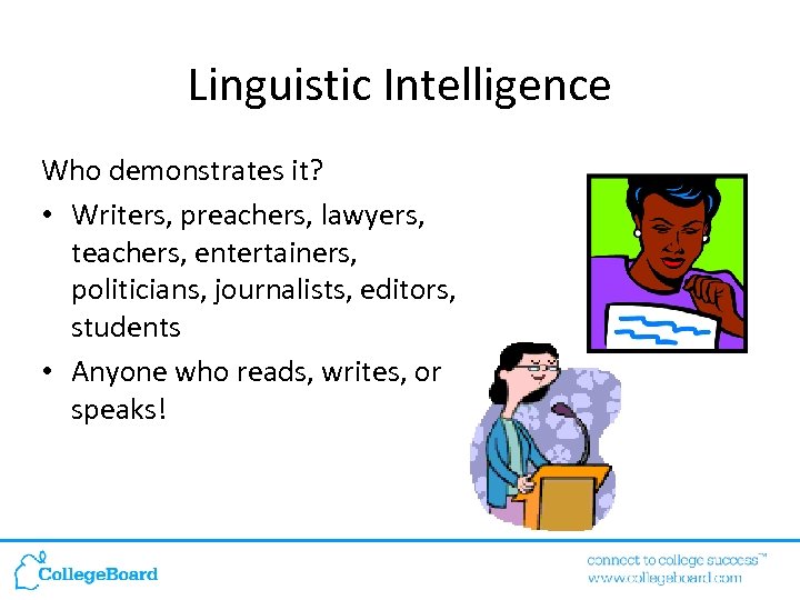 Linguistic Intelligence Who demonstrates it? • Writers, preachers, lawyers, teachers, entertainers, politicians, journalists, editors,