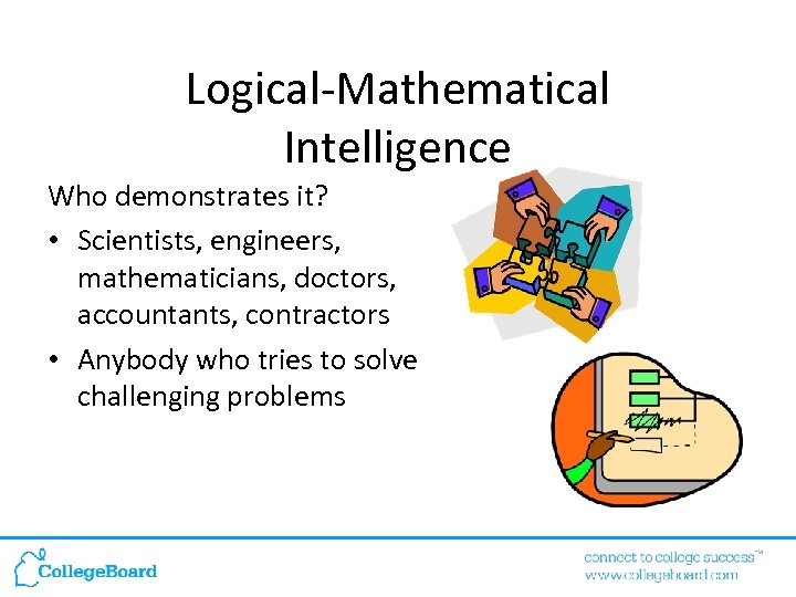 Logical-Mathematical Intelligence Who demonstrates it? • Scientists, engineers, mathematicians, doctors, accountants, contractors • Anybody