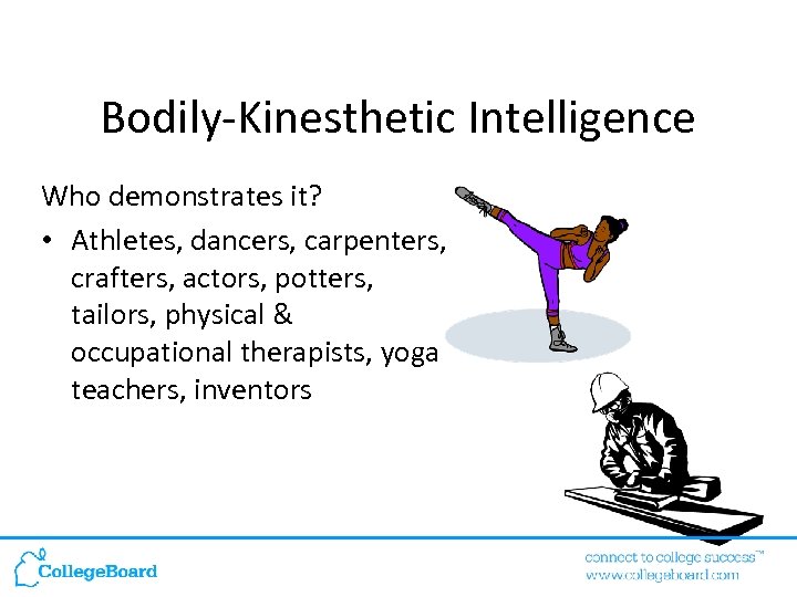 Bodily-Kinesthetic Intelligence Who demonstrates it? • Athletes, dancers, carpenters, crafters, actors, potters, tailors, physical