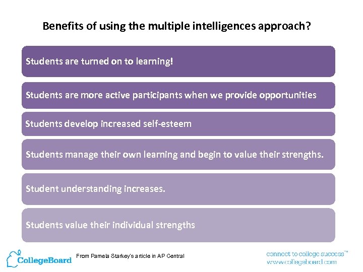 Benefits of using the multiple intelligences approach? Students are turned on to learning! Students