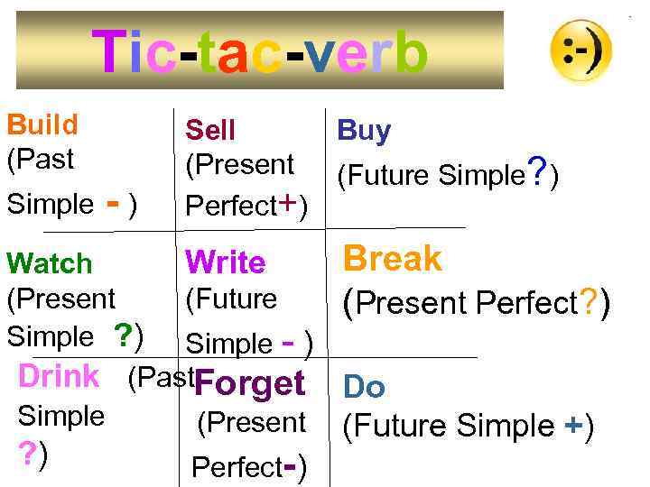 Tic-tac-verb Build (Past Simple -) Sell (Present Perfect+) Buy (Future Simple? ) Break Watch
