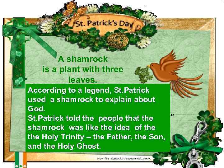 A shamrock is a plant with three leaves. According to a legend, St. Patrick