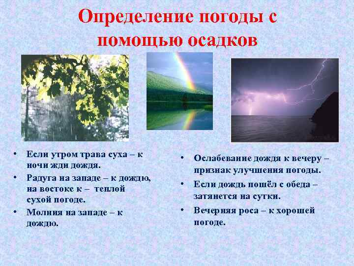 Определение погоды с помощью осадков • Если утром трава суха – к ночи жди