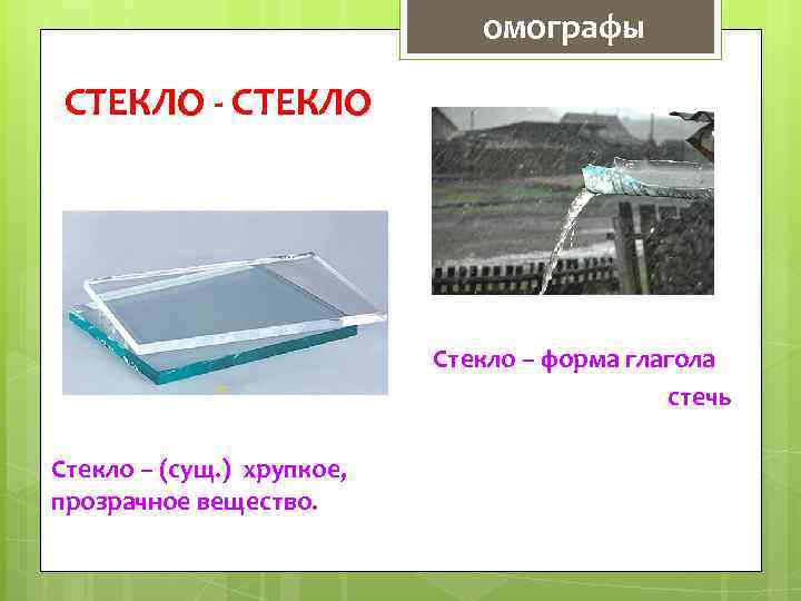омографы СТЕКЛО - СТЕКЛО Стекло – форма глагола стечь Стекло – (сущ. ) хрупкое,