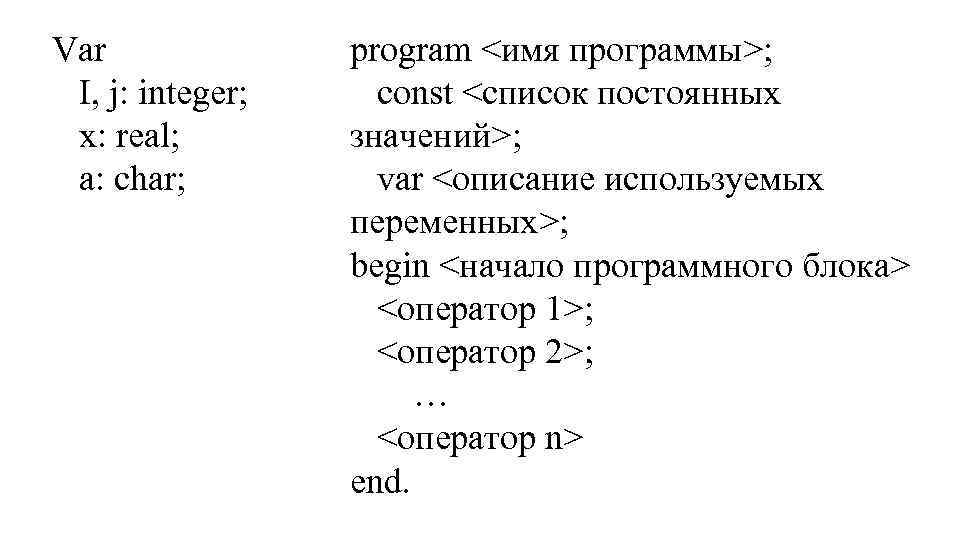 Var I, j: integer; x: real; a: char; program <имя программы>; const <список постоянных