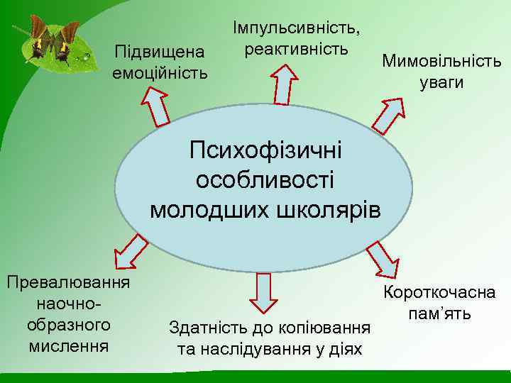 Підвищена емоційність Імпульсивність, реактивність Мимовільність уваги Психофізичні особливості молодших школярів Превалювання наочнообразного мислення Здатність