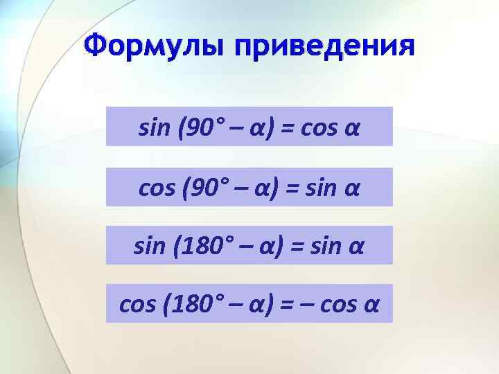 Формулы приведения sin (90° – α) = cos α cos (90° – α) =