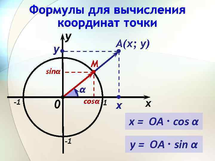 Формулы для вычисления координат точки y А(х; у) y M sinα α -1 cosα