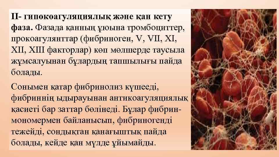 ІІ- гипокоагуляциялық және қан кету фаза. Фазада қанның ұюына тромбоциттер, прокоагулянттар (фибриноген, V, VII,