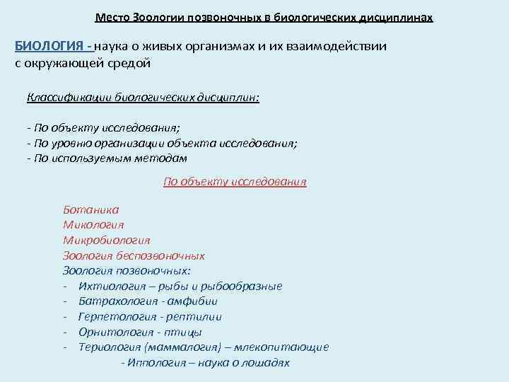 Место Зоологии позвоночных в биологических дисциплинах БИОЛОГИЯ - наука о живых организмах и их