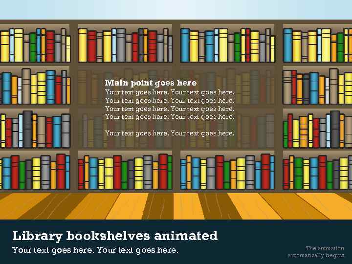 Main point goes here Your text goes here. Library bookshelves animated Your text goes