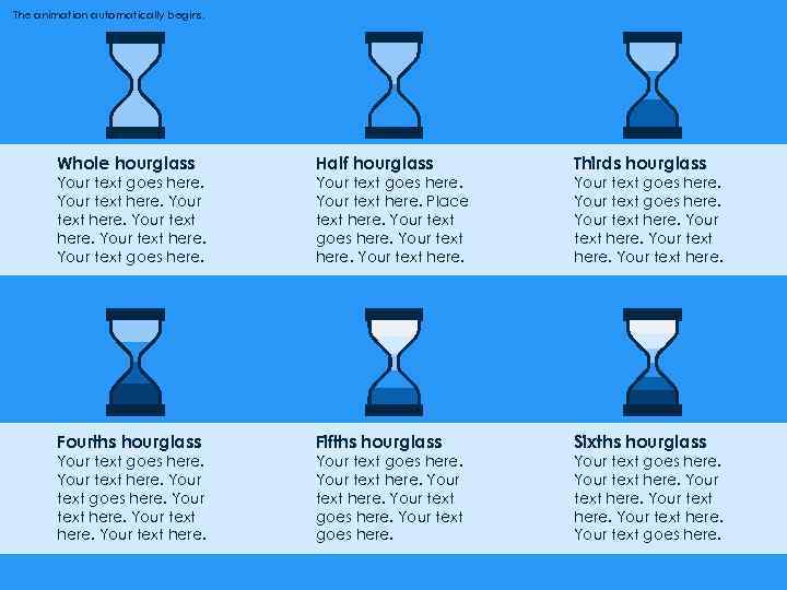 The animation automatically begins. Whole hourglass Half hourglass Thirds hourglass Your text goes here.