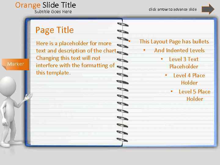 Orange Slide Title click arrow to advance slide Subtitle Goes Here Page Title Marker