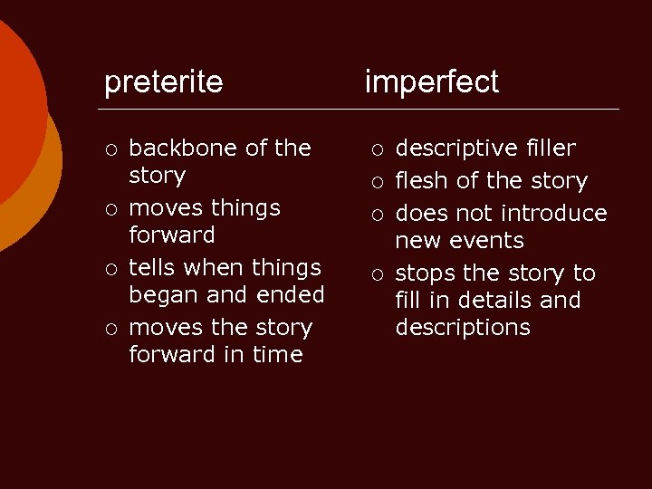 preterite ¡ ¡ backbone of the story moves things forward tells when things began