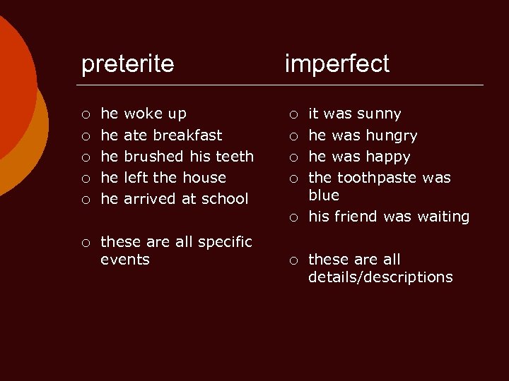 preterite ¡ ¡ ¡ he he he woke up ate breakfast brushed his teeth