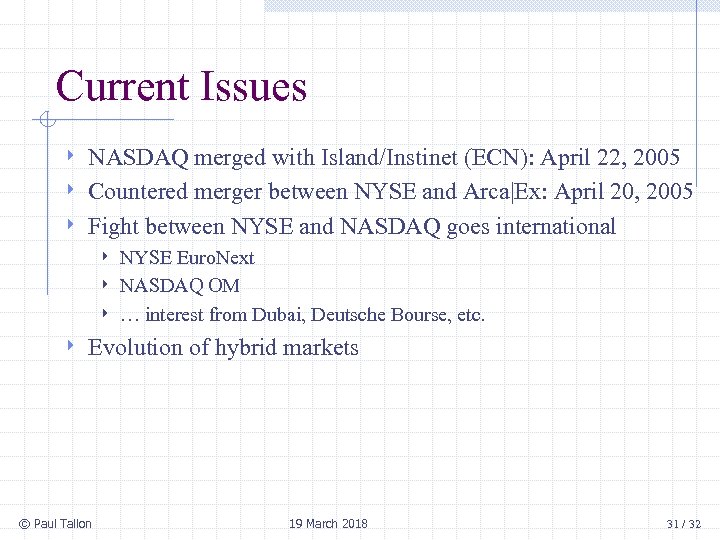 Current Issues 4 4 4 NASDAQ merged with Island/Instinet (ECN): April 22, 2005 Countered