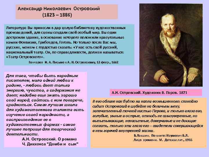 Александр Николаевич Островский (1823 – 1886) Литературе Вы принесли в дар целую библиотеку художественных