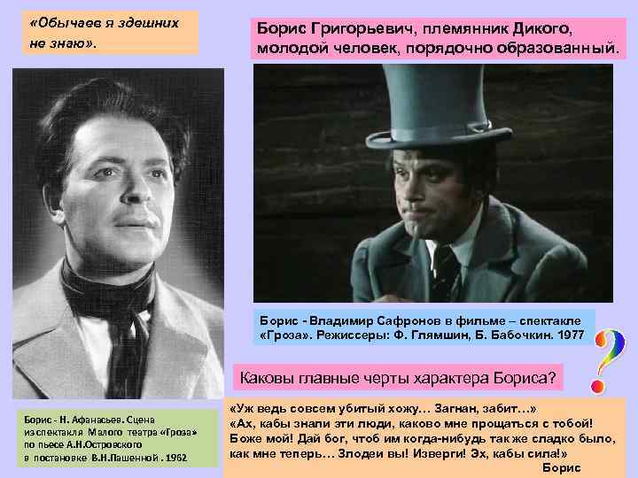  «Обычаев я здешних не знаю» . Борис Григорьевич, племянник Дикого, молодой человек, порядочно