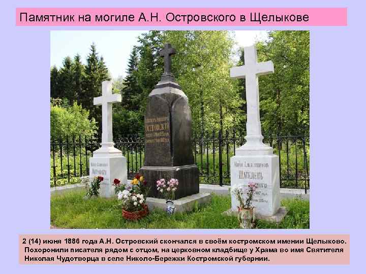 Памятник на могиле А. Н. Островского в Щелыкове 2 (14) июня 1886 года А.