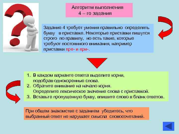  Алгоритм выполнения 4 – го задания Задание 4 требует умения правильно определять букву