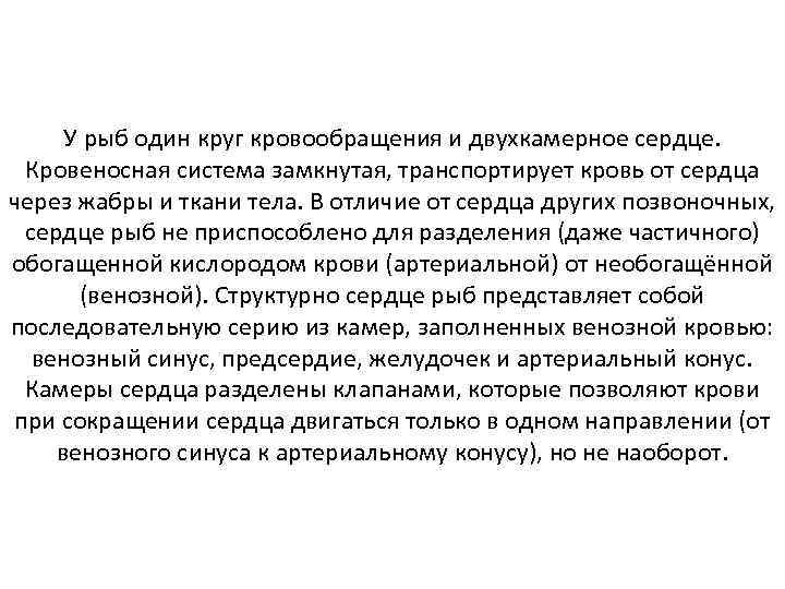 У рыб один круг кровообращения и двухкамерное сердце. Кровеносная система замкнутая, транспортирует кровь от