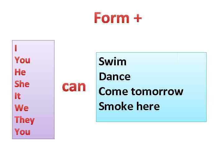 Form + I You He She It We They You can Swim Dance Come