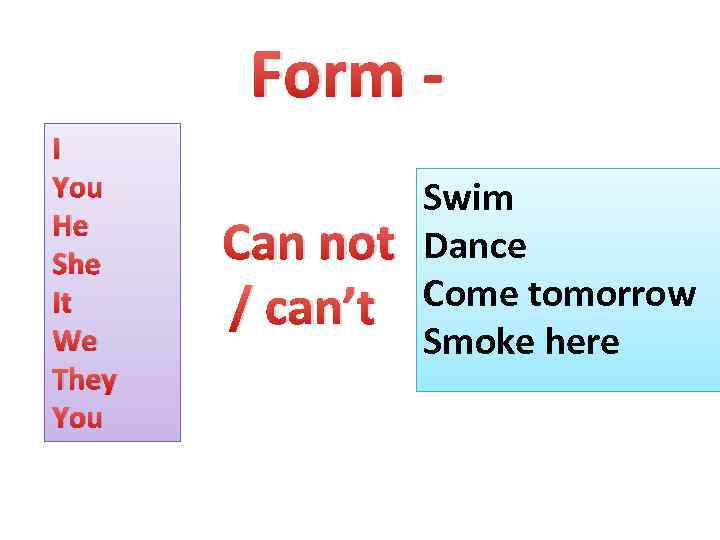 Form I You He She It We They You Can not / can’t Swim