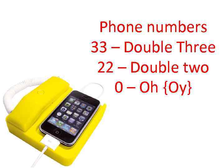 Phone numbers 33 – Double Three 22 – Double two 0 – Oh {Oy}