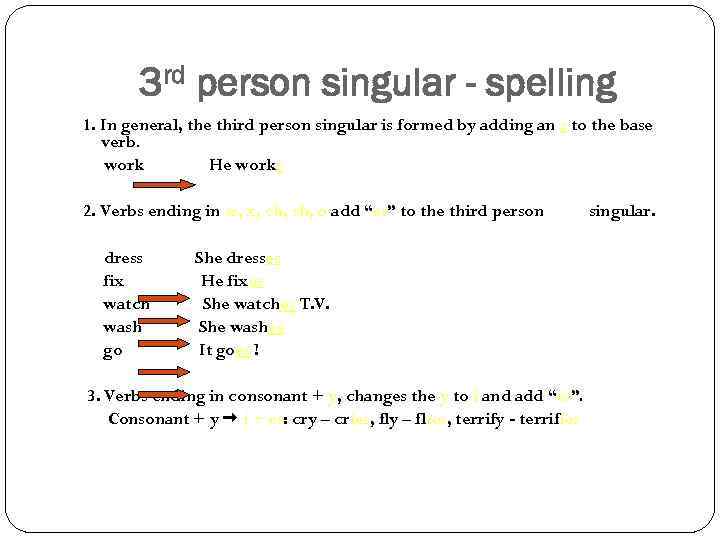 3 rd person singular - spelling 1. In general, the third person singular is