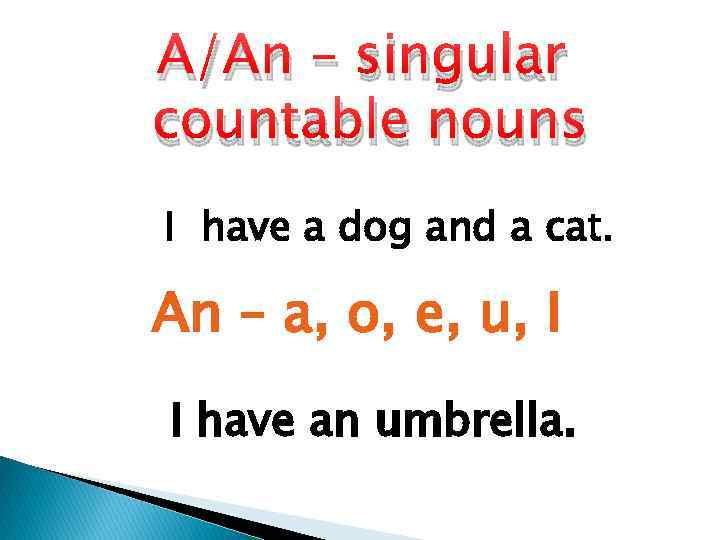 A/An – singular countable nouns I have a dog and a cat. An –