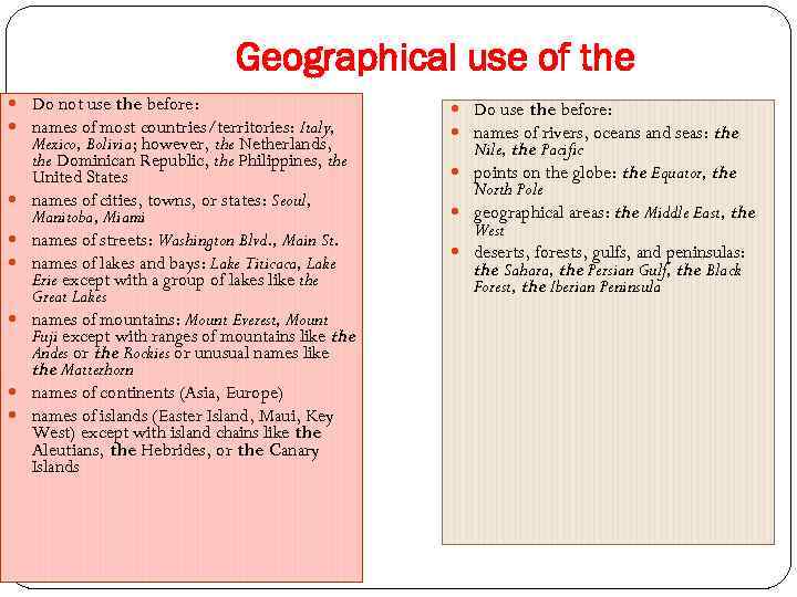 Geographical use of the Do not use the before: names of most countries/territories: Italy,