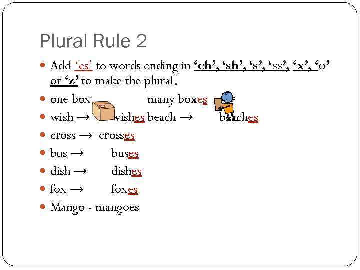 Plural Rule 2 Add ‘es’ to words ending in ‘ch’, ‘s’, ‘ss’, ‘x’, ‘o’