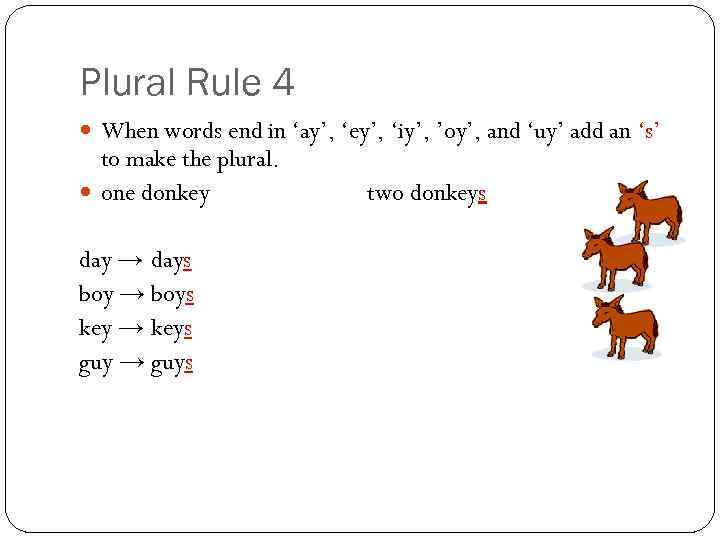 Plural Rule 4 When words end in ‘ay’, ‘ey’, ‘iy’, ’oy’, and ‘uy’ add