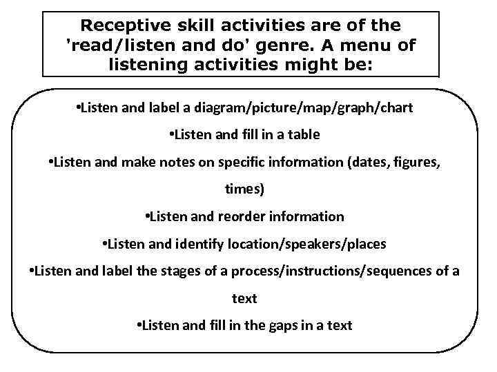 Receptive skill activities are of the 'read/listen and do' genre. A menu of listening