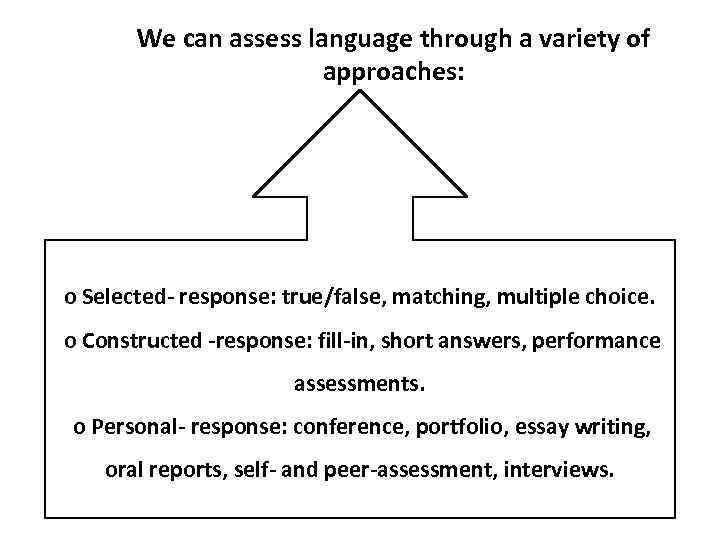 We can assess language through a variety of approaches: o Selected- response: true/false, matching,