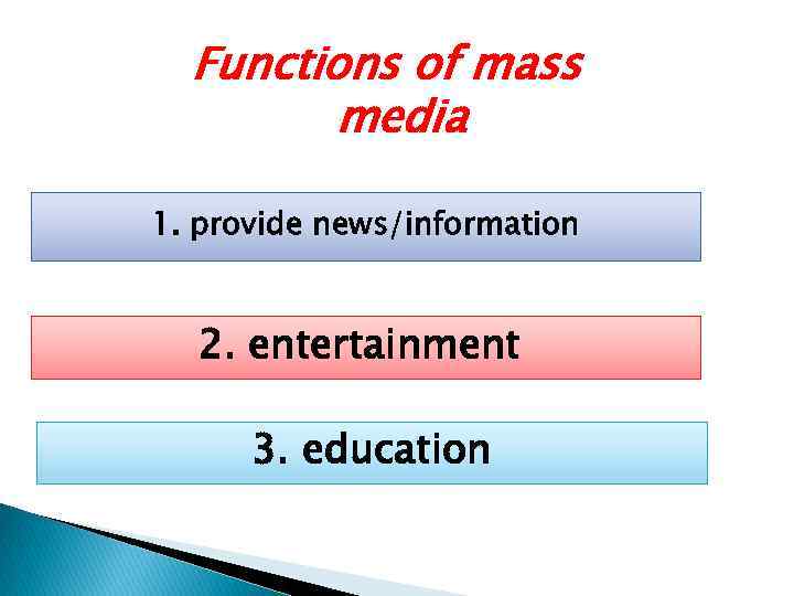 Functions of mass media 1. provide news/information 2. entertainment 3. education 