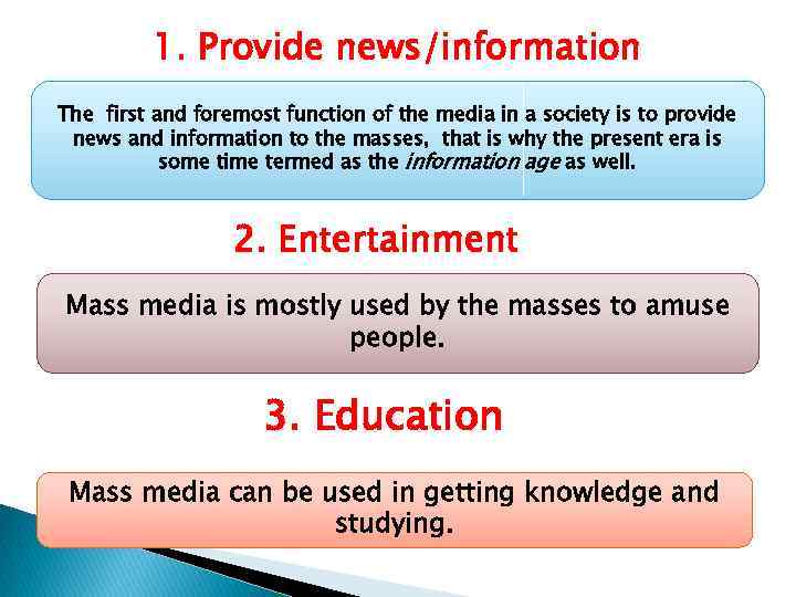 1. Provide news/information The first and foremost function of the media in a society