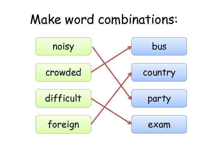 Make word combinations: noisy bus crowded country difficult party foreign exam 