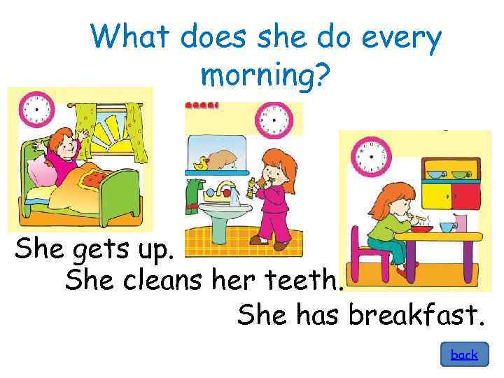 What does she do every morning? She gets up. She cleans her teeth. She