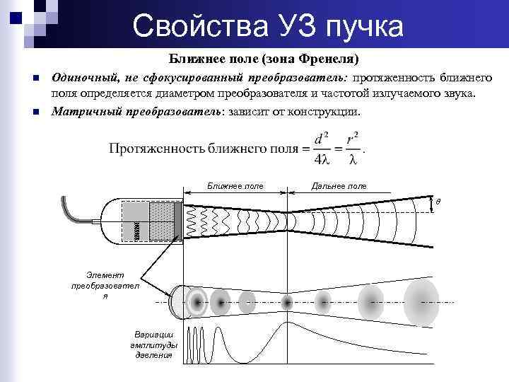 Свойства УЗ пучка Ближнее поле (зона Френеля) n n Одиночный, не сфокусированный преобразователь: протяженность