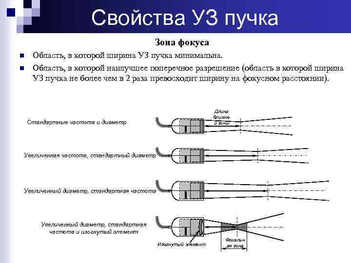 Свойства УЗ пучка Зона фокуса n n Область, в которой ширина УЗ пучка минимальна.