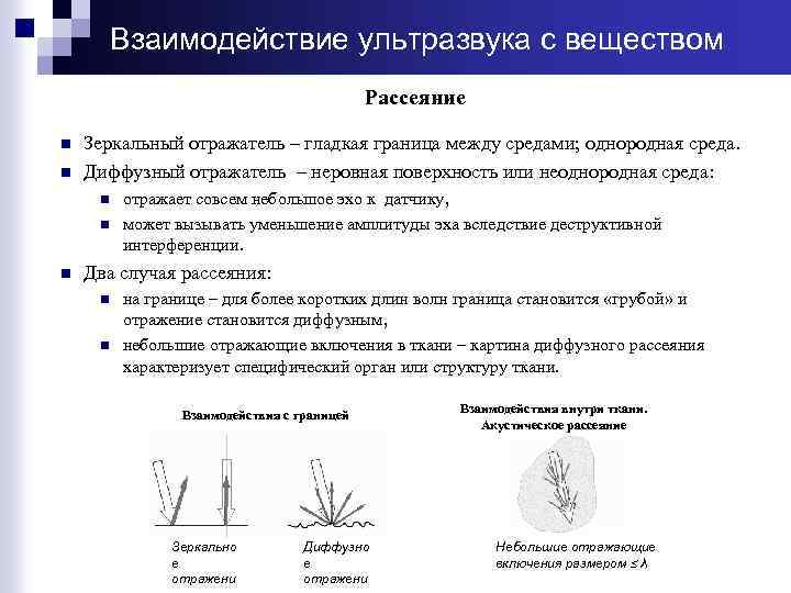 Взаимодействие ультразвука с веществом Рассеяние n n Зеркальный отражатель – гладкая граница между средами;