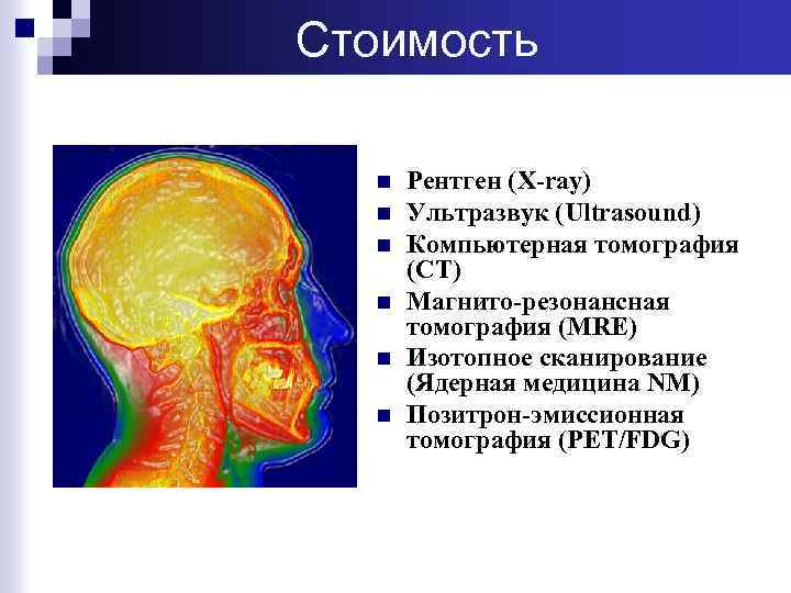 Стоимость n n n Рентген (X-ray) Ультразвук (Ultrasound) Компьютерная томография (CT) Магнито-резонансная томография (MRЕ)